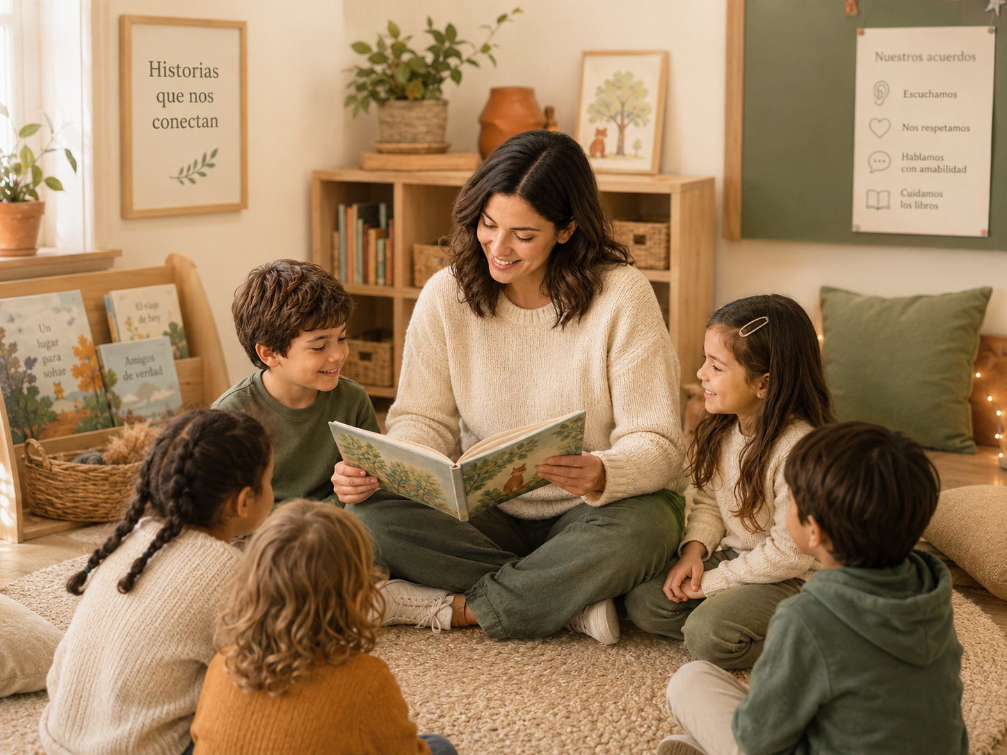 Mediadora de lectura con un grupo de niños en un rincón de lectura